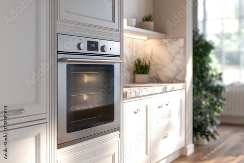 Modern Kitchen Built-in Oven: A Sleek Stainless Steel Appliance in a Luxurious Setting photo