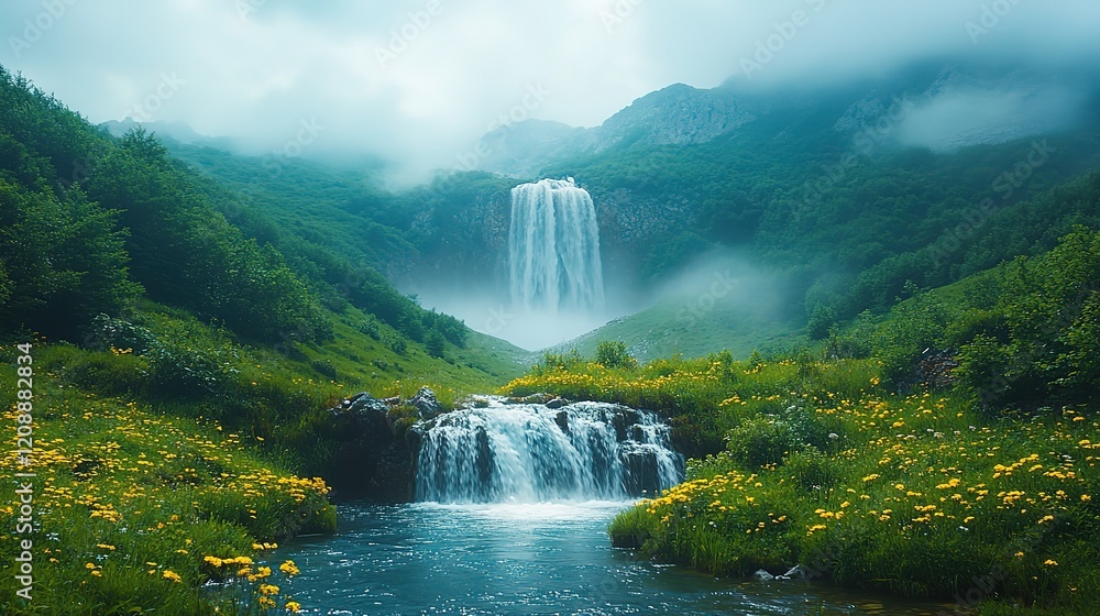 Fototapeta premium Mystical waterfall cascading down mountains amidst lush green foliage and blooming yellow flowers in a foggy ambiance
