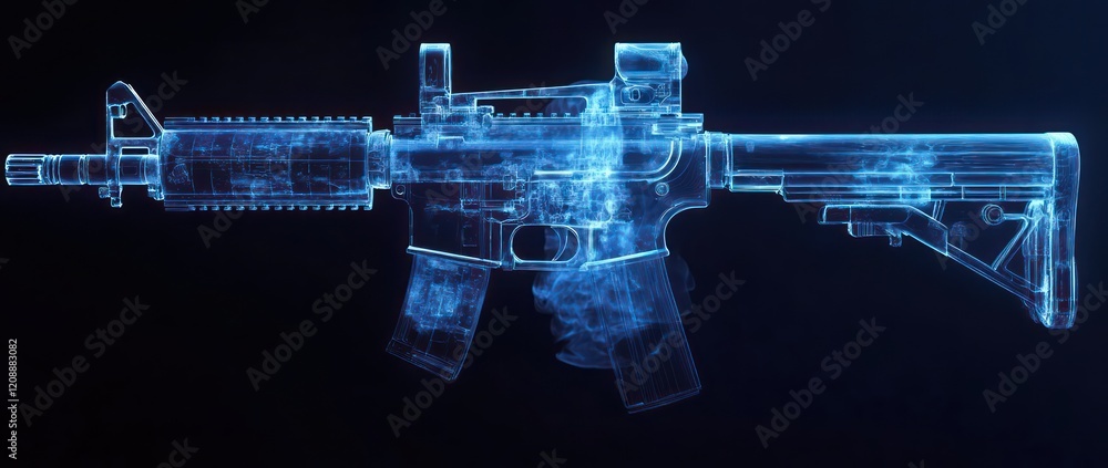 hologram of an M4 rifle, on a dark background, with a blue glow effect. hologram of an M4 rifle, on a dark background, with a blue glow effect.