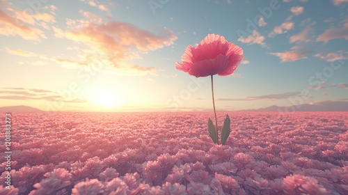 A solitary flower stands amidst a vibrant field at sunset, symbolizing beauty and resilience.