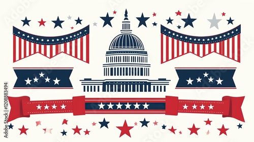 Capitol Building and Patriotic Symbols Icon Set , Presidents' Day 