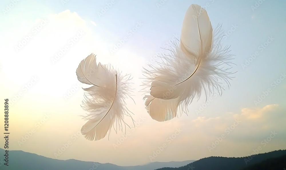 Three white feathers float gently against a serene sunset sky and mountain backdrop. Three white feathers float gently against a serene sunset sky and mountain backdrop.