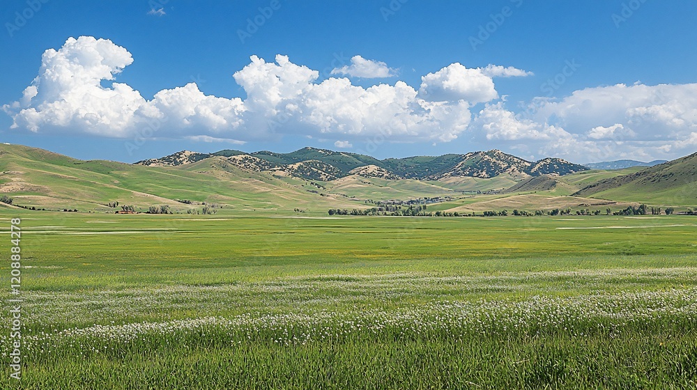 Lush green valley with wildflowers under a vibrant blue sky. Lush green valley with wildflowers under a vibrant blue sky.