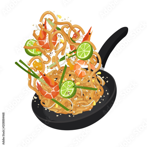 Vector Illustration Logo Clipart Levitation Cooking Pad Thai on a Pan 