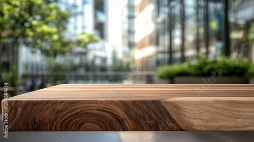 Sleek walnut table in a minimalist workspace, blurred cityscape bokeh, modern professional environment photo