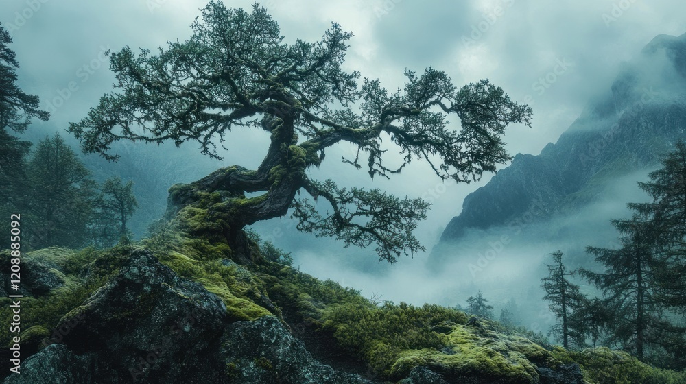 Ancient Mossy Tree on Misty Mountainside Ancient Mossy Tree on Misty Mountainside