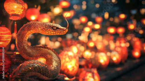 Golden snake illuminated by Chinese New Year lanterns, blending vibrant colors with a sense of tradition and cultural significance. AI generative photo