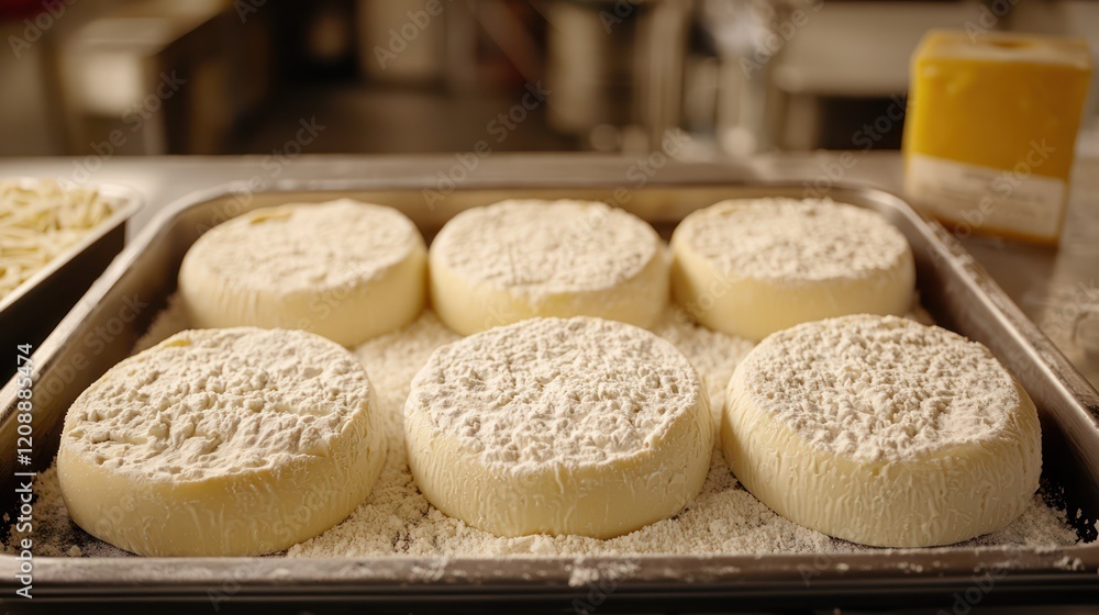 Fototapeta premium Freshly made cheese rounds dusted with flour, ready for aging or processing.