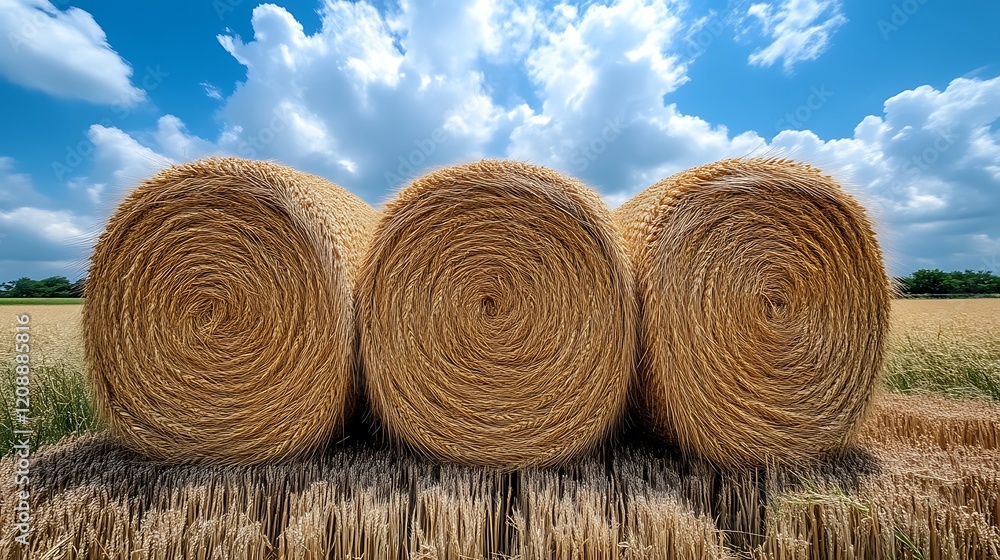 Three Golden Hay Bales Under a Summer Sky Three Golden Hay Bales Under a Summer Sky