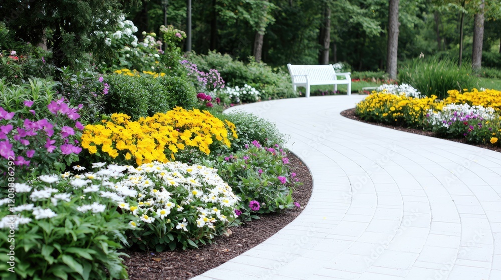 Obraz premium Curved stone pathway winding through a beautifully landscaped garden with colorful flower beds and a white bench under bright daylight.