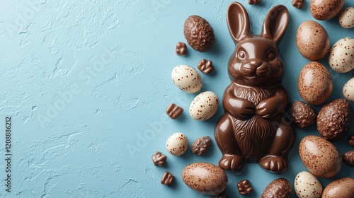 A collection of chocolate Easter treats, including a bunny and various eggs on a blue background.