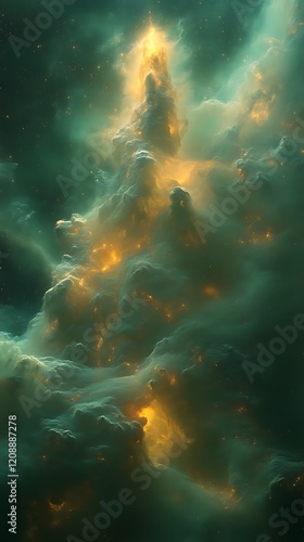Glowing nebula shaped like a celestial tree.