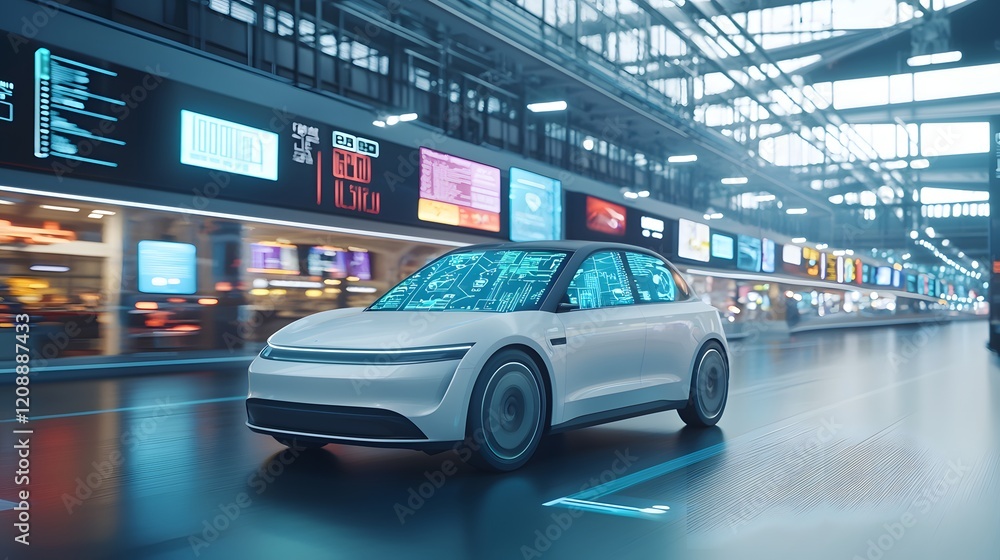 Fototapeta premium Futuristic Compact Smart Car Driving Through a High-Tech Urban Environment at Daytime