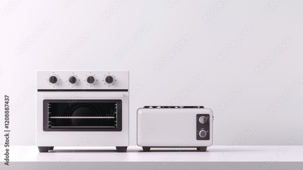 Fototapeta premium A modern kitchen scene featuring a stylish white oven and toaster, perfect for contemporary cooking needs.