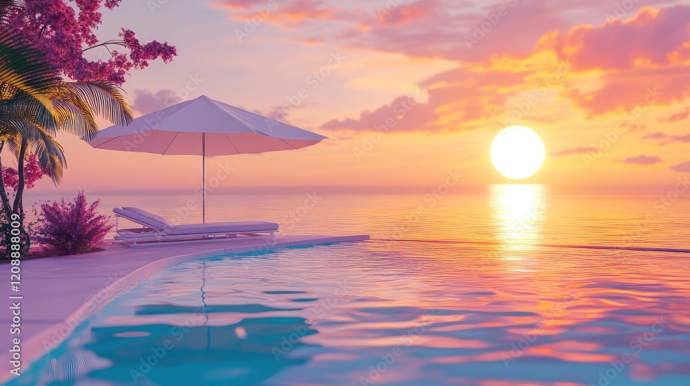 umbrella with bed pool around swimming pool with ocean sea background at sunset or sunrise time - holiday and vacation concept.