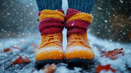 Winter boots and cozy leg warmers in falling snow seasonal outdoor scene photo