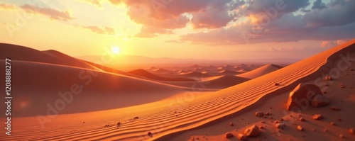 Shifting sands reflect the gentle warmth of a summer evening, warm light, desert
