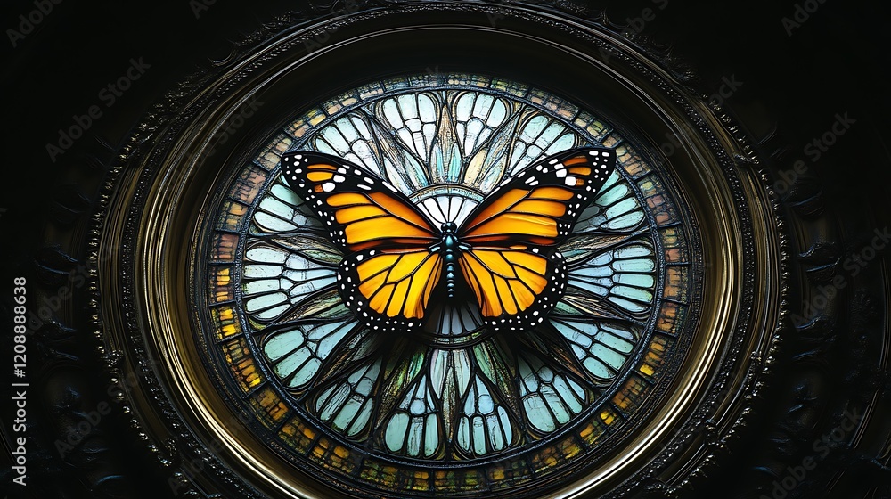 Monarch Butterfly in Ornate Stained Glass Window Monarch Butterfly in Ornate Stained Glass Window