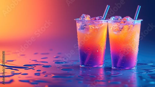 Two colorful drinks with ice in clear cups against a vibrant gradient background.