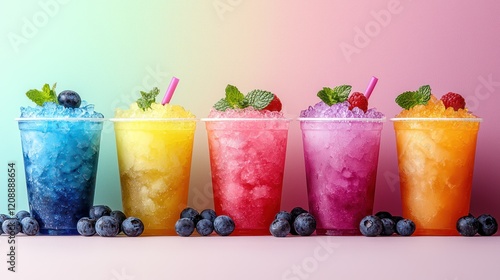 Colorful slushy drinks in clear cups, garnished with fruit and mint on a gradient background.