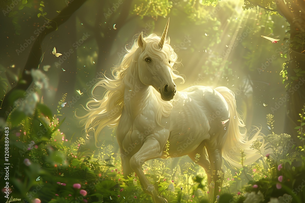 Majestic White Unicorn in Enchanted Forest, Sunlight Streaming Through Leaves, Magical Fantasy Scene Majestic White Unicorn in Enchanted Forest, Sunlight Streaming Through Leaves, Magical Fantasy Scene