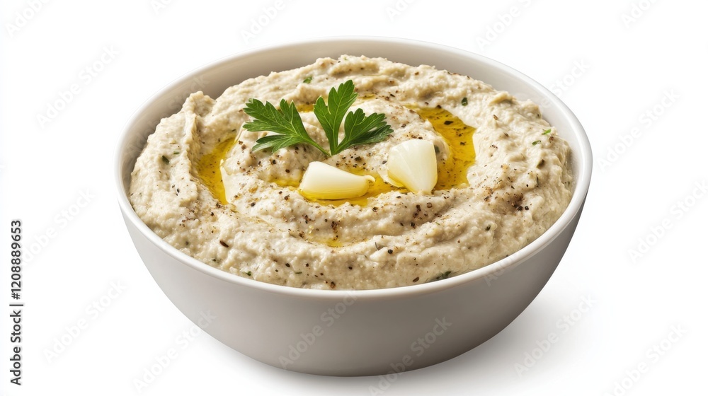 A bowl of creamy baba ganoush with roasted eggplant, tahini, garlic A bowl of creamy baba ganoush with roasted eggplant, tahini, garlic