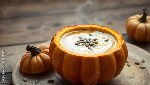 Warm Pumpkin Soup in a Mini Pumpkin Bowl photo