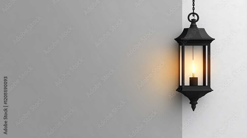 A lit black hanging lantern against a wall A lit black hanging lantern against a wall