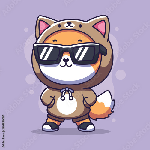 Cute cartoon shiba inu wearing sunglasses. Cute animal character. Vector illustration.