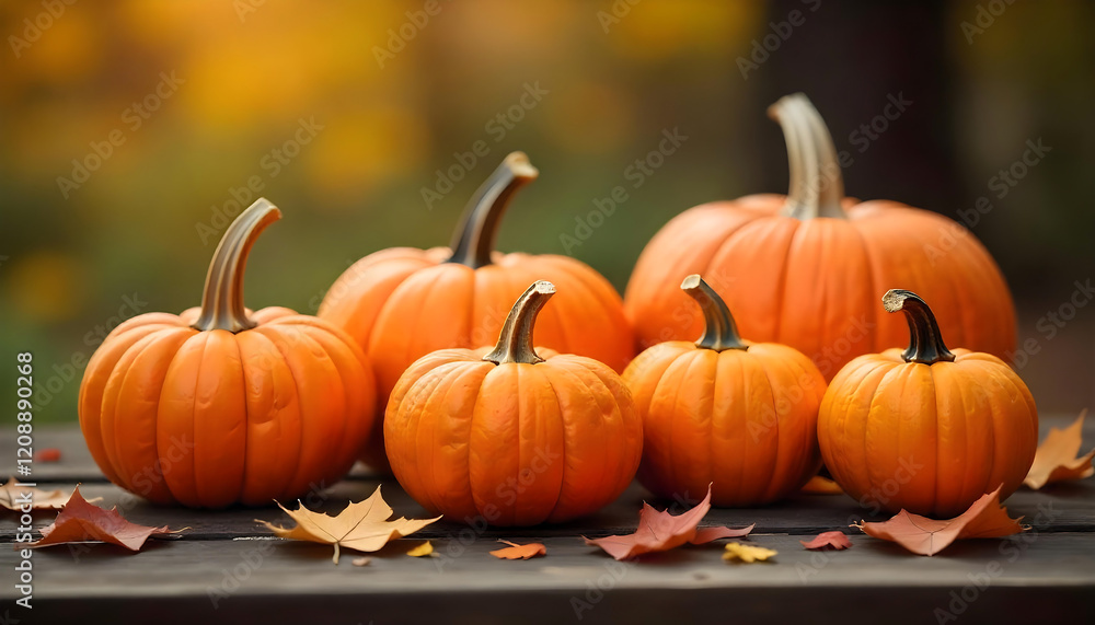 Autumn Pumpkins on Wooden Table with Fall Leaves Autumn Pumpkins on Wooden Table with Fall Leaves