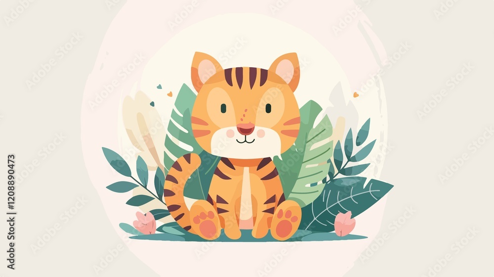 Adorable Tiger with Leaves Flat Vector Illustration Adorable Tiger with Leaves Flat Vector Illustration