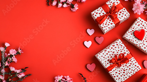 Valentines Day concept with gift boxes wrapped in heartpatterned paper and red ribbons surrounded by pink flowers and heartshaped decorations on a red background Perfect for romantic celebrations photo