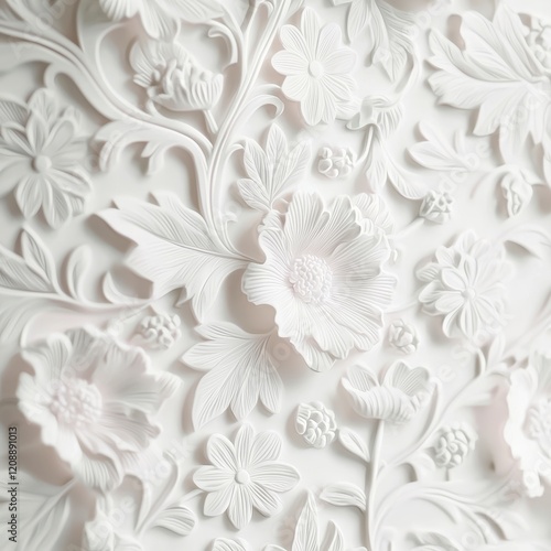 Elegant White 3D Floral Baroque Pattern  Ornate Wallpaper Background Texture