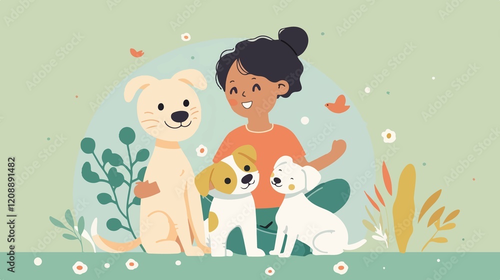 Adorable Child, Small Dog, and Puppy Smiling in Portrait Adorable Child, Small Dog, and Puppy Smiling in Portrait