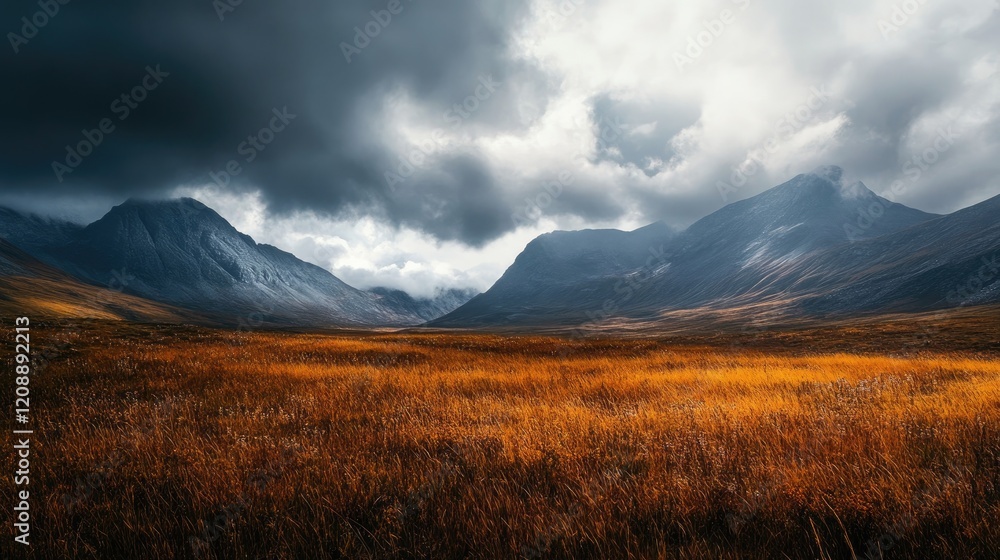 Naklejka premium A breathtaking view of mountains and golden grass under a dramatic cloudy sky.
