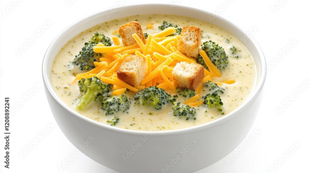 A bowl of creamy broccoli cheddar soup garnished with shredded cheddar cheese and croutons, Its rich aroma and velvety texture enticingly displayed A bowl of creamy broccoli cheddar soup garnished with shredded cheddar cheese and croutons, Its rich aroma and velvety texture enticingly displayed
