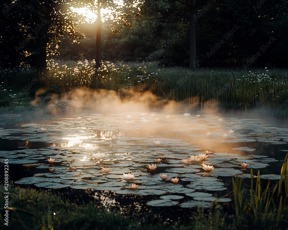 Misty sunrise over a pond with water lilies. Misty sunrise over a pond with water lilies.