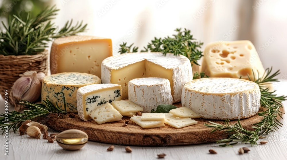 A selection of various cheeses arranged on a wooden board with herbs and garlic. A selection of various cheeses arranged on a wooden board with herbs and garlic.