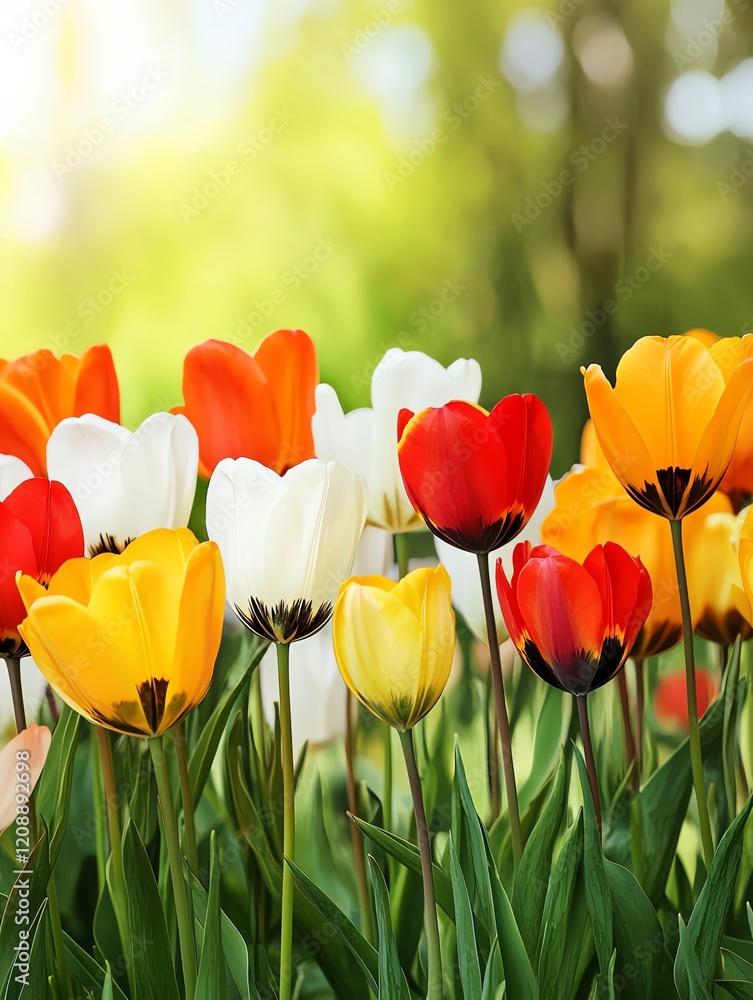 Obraz premium A vibrant display of colorful tulips blooming in sunlight, surrounded by lush greenery, creating a cheerful spring atmosphere.