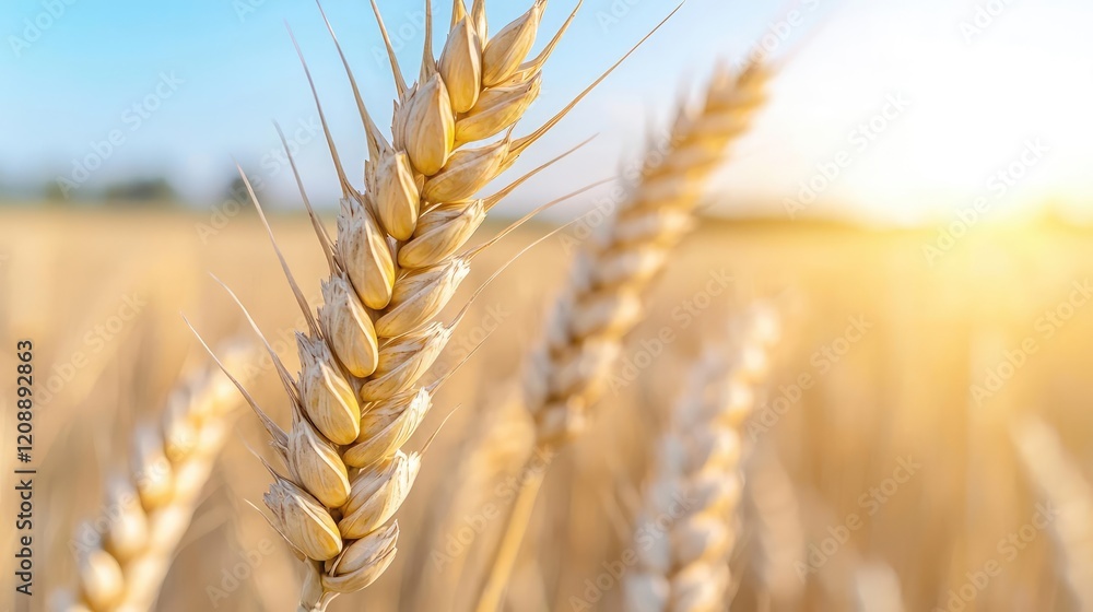 Golden wheat field at sunset, ripe harvest, agriculture Golden wheat field at sunset, ripe harvest, agriculture