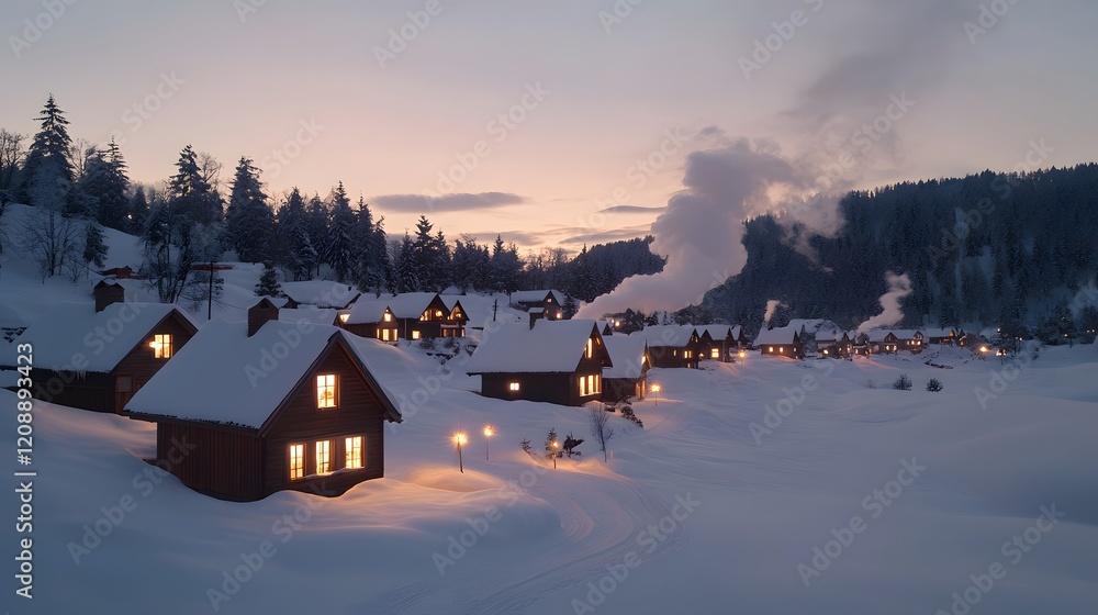 Serene Twilight in a Snowy Village with Warm Glowing Lights and Smoky Chimneys Serene Twilight in a Snowy Village with Warm Glowing Lights and Smoky Chimneys