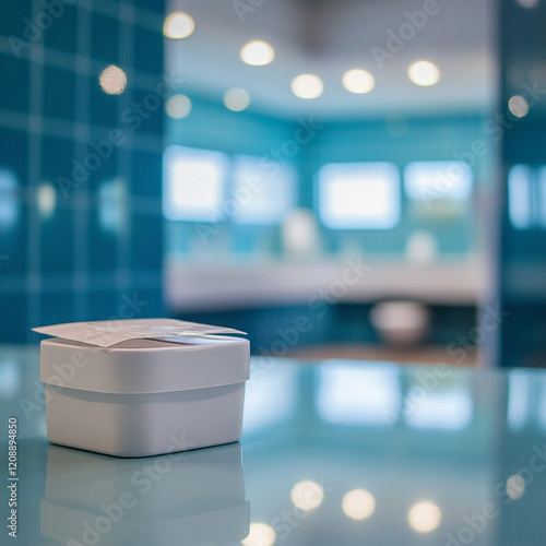 glass surface in the foreground with a paper medicine box on top, behind blurred you can see a bathroom with blue tiles without focus photo