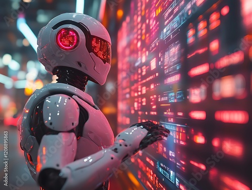 Futuristic robot interacts with a holographic display.