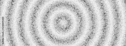 Radial halftone circle background. Black dotted sound wave ring wallpaper. Stipple epicenter, target, radar concept. Ripple concentric signal vibration element. Vector round dashed and dotted gradient