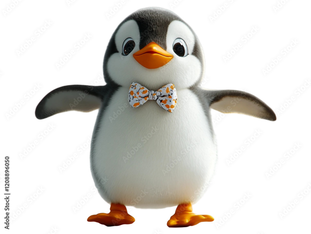 Obraz premium A playful dancing penguin wearing a dapper bowtie isolated on white. Suitable for marketing or business purposes. PNG file