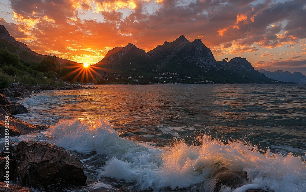 Naklejka premium Vibrant sunset over coastal mountains and crashing waves.