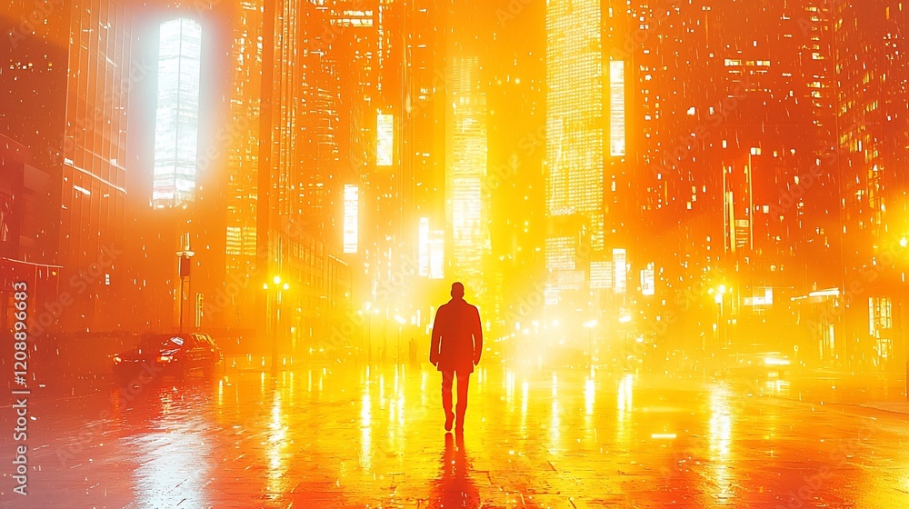 Solitary figure in a rain-soaked, neon-lit city at night. Solitary figure in a rain-soaked, neon-lit city at night.