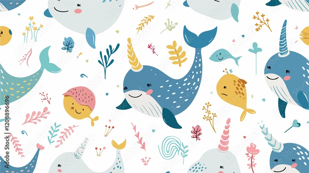 Obraz premium Adorable Narwhal Vector Collection Seamless Pattern Background