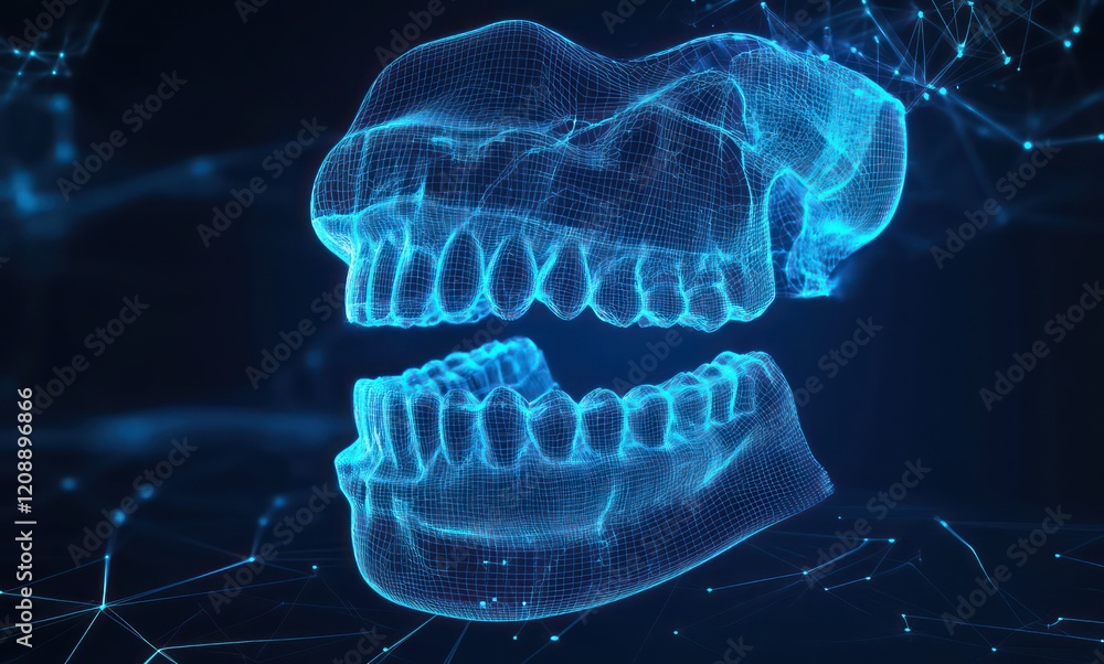 custom made wallpaper toronto digitalDigital wireframe of a jaw and teeth, in an x-ray style, with a blue holographic effect on a dark background with light effects, high resolution.