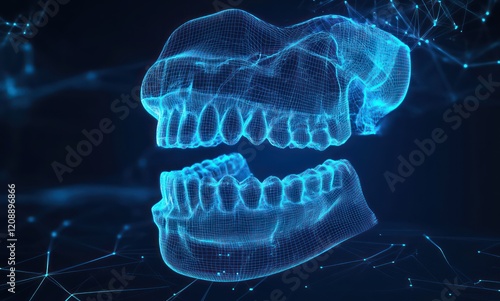 Wallpaper Mural Digital wireframe of a jaw and teeth, in an x-ray style, with a blue holographic effect on a dark background with light effects, high resolution. Torontodigital.ca